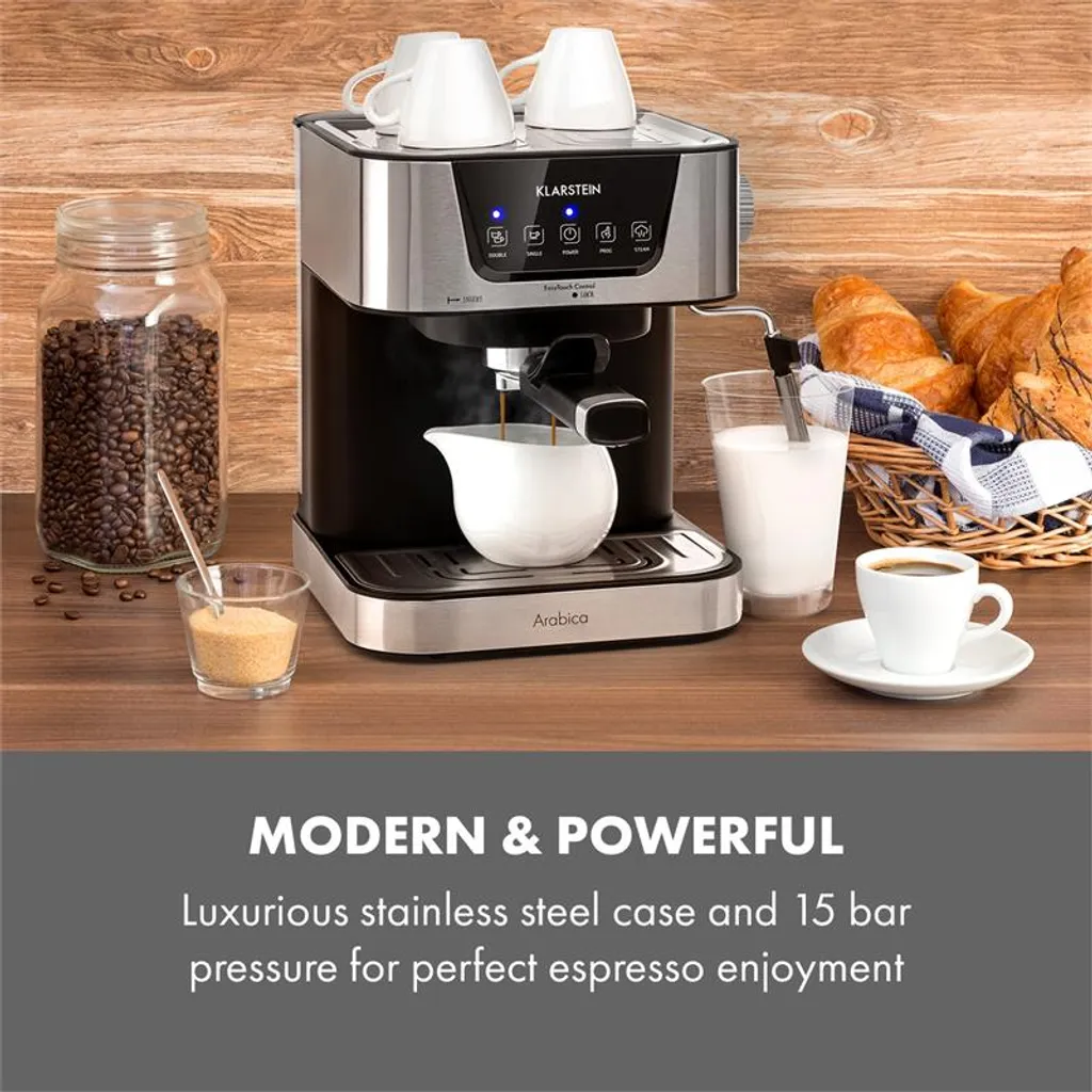 Arabica Espressomaschine 1050W 15 Bar 1,5l Touch-Bedienfeld Edelstahl – Bild 2