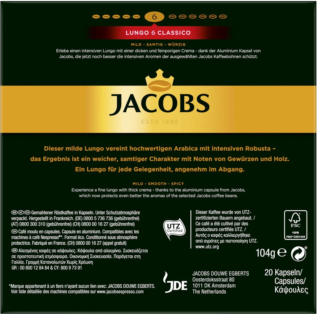 JACOBS Kapseln Nespresso®* Kompatibel Je 20 Kapseln Lungo 6 Classico + Decaffeinato 6 Lungo + Lungo 8 Intenso + Espresso 12 Ristretto - Insgesamt 160 Getränke – Bild 5
