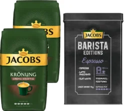 JACOBS Kaffeebohnen Krönung Crema Kräftig 2 X 1kg Ganze Kaffee Bohnen + 1 Aluminium Dose Im Barista-Design