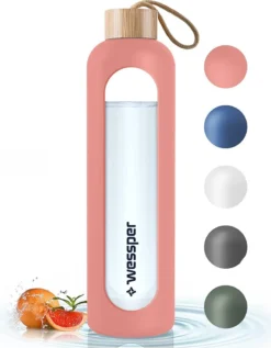 Wessper Trinkflasche Glas Mit Silikonhülle, Wasserflasche Mit Zeitmarkierungen, Transparente Wasserflasche Aus Borosilikat Glas, Berwachung Ihrer Täglichen Wasseraufnahme 1L Rosa