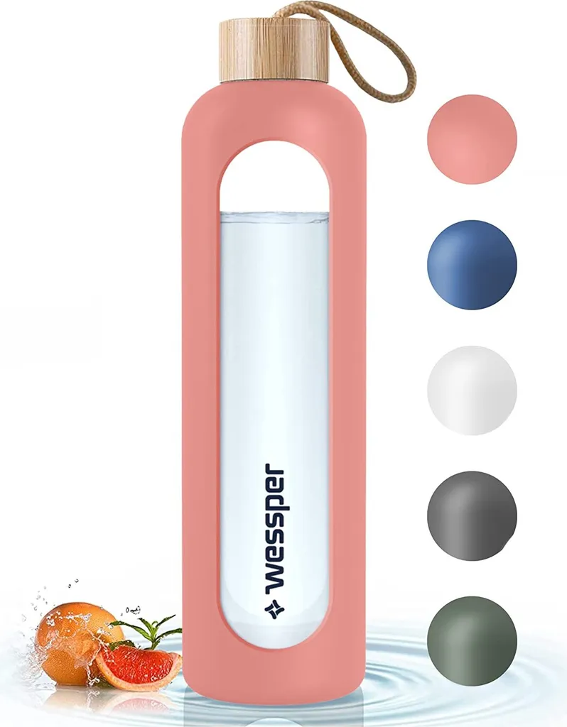 Wessper Trinkflasche Glas Mit Silikonhülle, Wasserflasche Mit Zeitmarkierungen, Transparente Wasserflasche Aus Borosilikat Glas, Berwachung Ihrer Täglichen Wasseraufnahme 1L Rosa