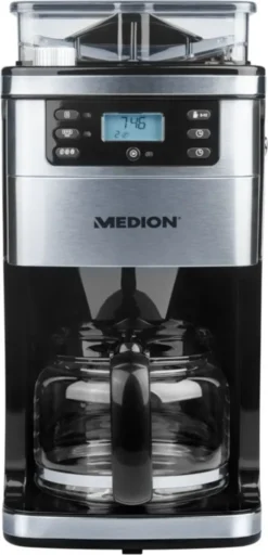 MEDION MD 15486 Kaffeemaschine Mit Mahlwerk Und Glaskanne, Wassertank: 1,5 Liter, 8 Mahlstufen, Max. 1050 Watt, Silber, Edelstahl