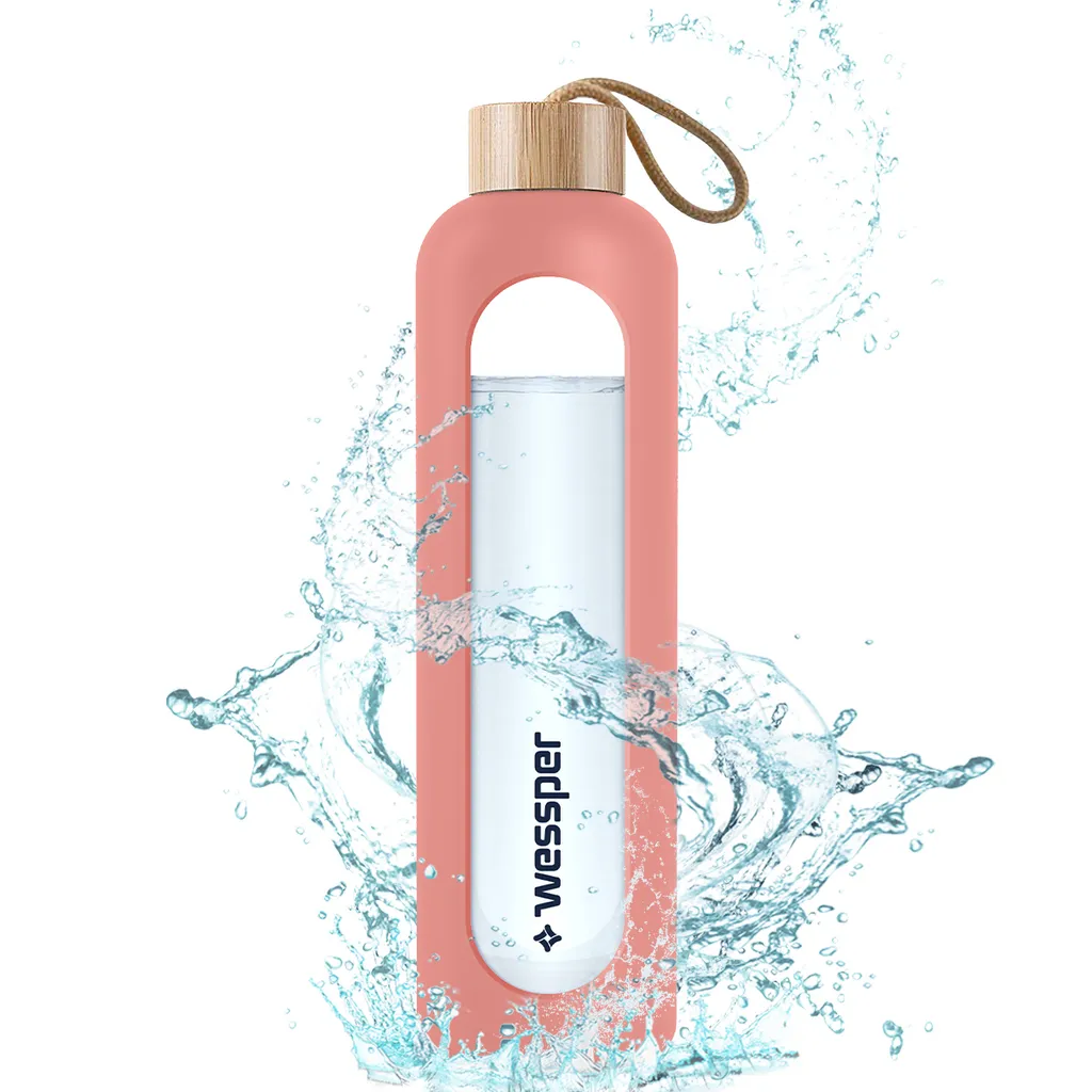 Wessper Trinkflasche Glas Mit Silikonhülle, Wasserflasche Mit Zeitmarkierungen, Transparente Wasserflasche Aus Borosilikat Glas, Berwachung Ihrer Täglichen Wasseraufnahme 1L Rosa – Bild 2