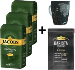 JACOBS Kaffeebohnen Krönung Crema 3 Kg Ganze Geröstete Bohnen + 1 Jacobs Barista Becher + 1 Dose