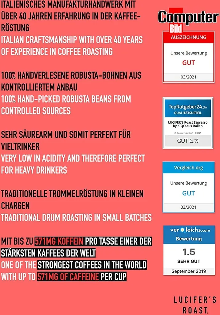 LUCIFER'S ROAST 4x1kg Espresso By KIQO Aus Italien - Starke Kaffeebohnen Für Kaffeevollautomaten Und Siebträger - Säurearm - 100% Robusta (ganze Bohnen, 4x1kg) – Bild 3