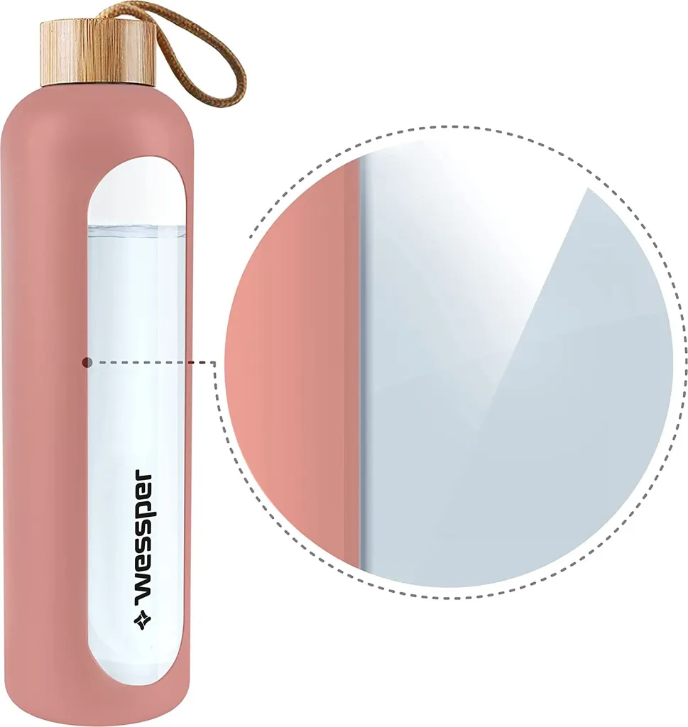 Wessper Trinkflasche Glas Mit Silikonhülle, Wasserflasche Mit Zeitmarkierungen, Transparente Wasserflasche Aus Borosilikat Glas, Berwachung Ihrer Täglichen Wasseraufnahme 1L Rosa – Bild 3