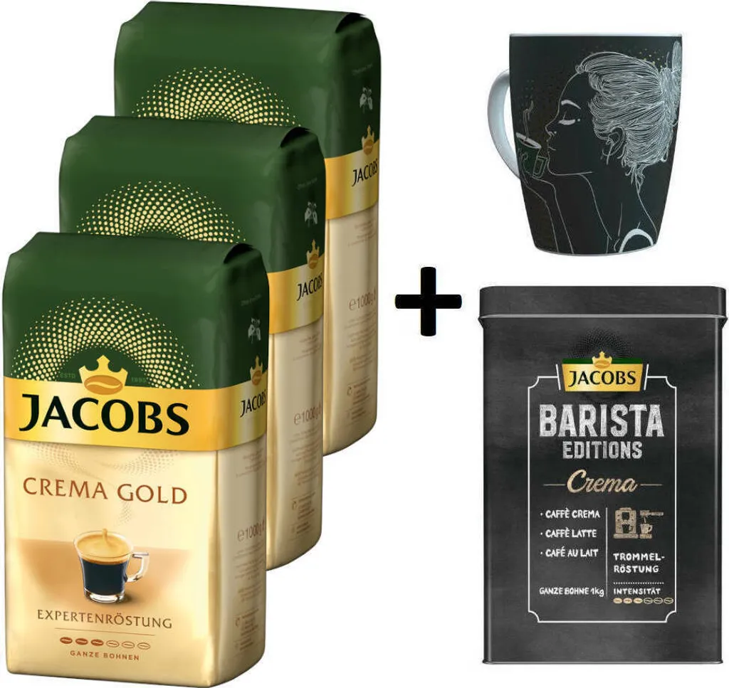 JACOBS Kaffeebohnen Expertenröstung Crema Gold 3 Kg Geröstete Bohnen+ 1 Jacobs Barista Becher+ 1 Dose
