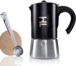 Thiru Espressokocher Induktion L Premium Mokkakanne Aus Edelstahl Inkl. Toolset (Schwarz, 6 Tassen (300ml))