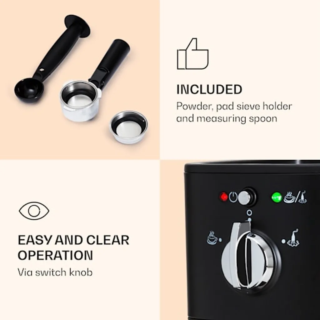 Klarstein Passionata 20 - Espressomaschine, Espresso-Automat, Kaffee-Maschine, 1350 Watt, 1,25 Liter, Automatischer Druckablass, Inkl. Milchschaum Düse Für Zubereitung Von Cappuccino, Schwarz – Bild 6