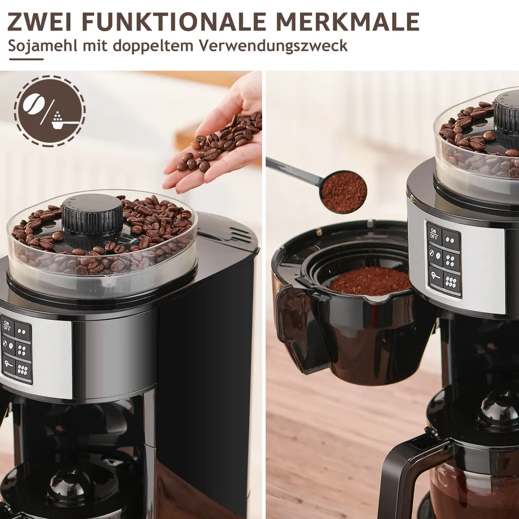 Kompakte Kaffeemaschinen Mit Mahlwerk Filterkaffeemaschine Kaffeemaschine Mit Mühle Für Bohnenkaffee Und Kaffeepulver 2/4/6 Tassen, Schwarz – Bild 2