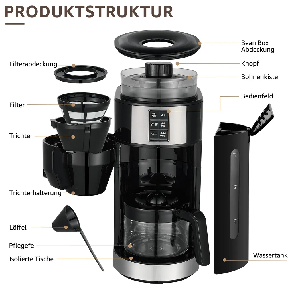 Kompakte Kaffeemaschinen Mit Mahlwerk Filterkaffeemaschine Kaffeemaschine Mit Mühle Für Bohnenkaffee Und Kaffeepulver 2/4/6 Tassen, Schwarz – Bild 8