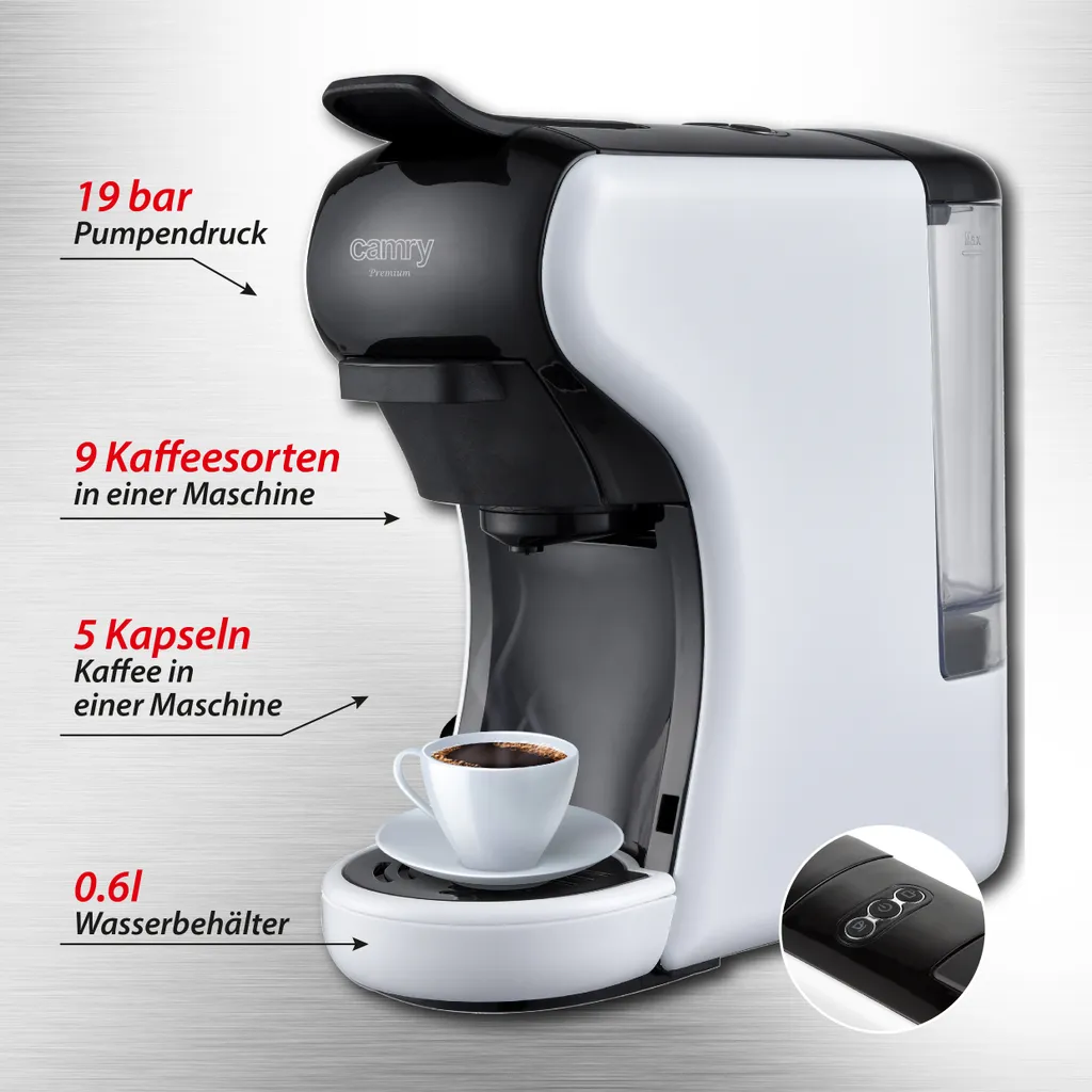 Adler Camry CR 4414 Multi-Espressomaschine Mit 5 Kapselkaffeeeinsätzen 19 Bar Pumpendruck – Bild 4
