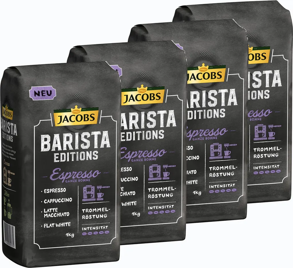 Jacobs Barista Editions Espresso, Bohnenkaffee, Ganze Bohnen, Röstkaffee, Kaffeebohnen, 4 X 1000 G