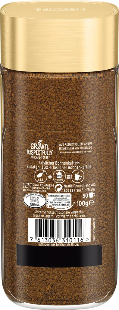 Nestlé® Nescafé Gold Das Original, Löslicher Bohnenkaffee, Kaffee, Gemahlener Röstkaffee, Glas, 100 G – Bild 3
