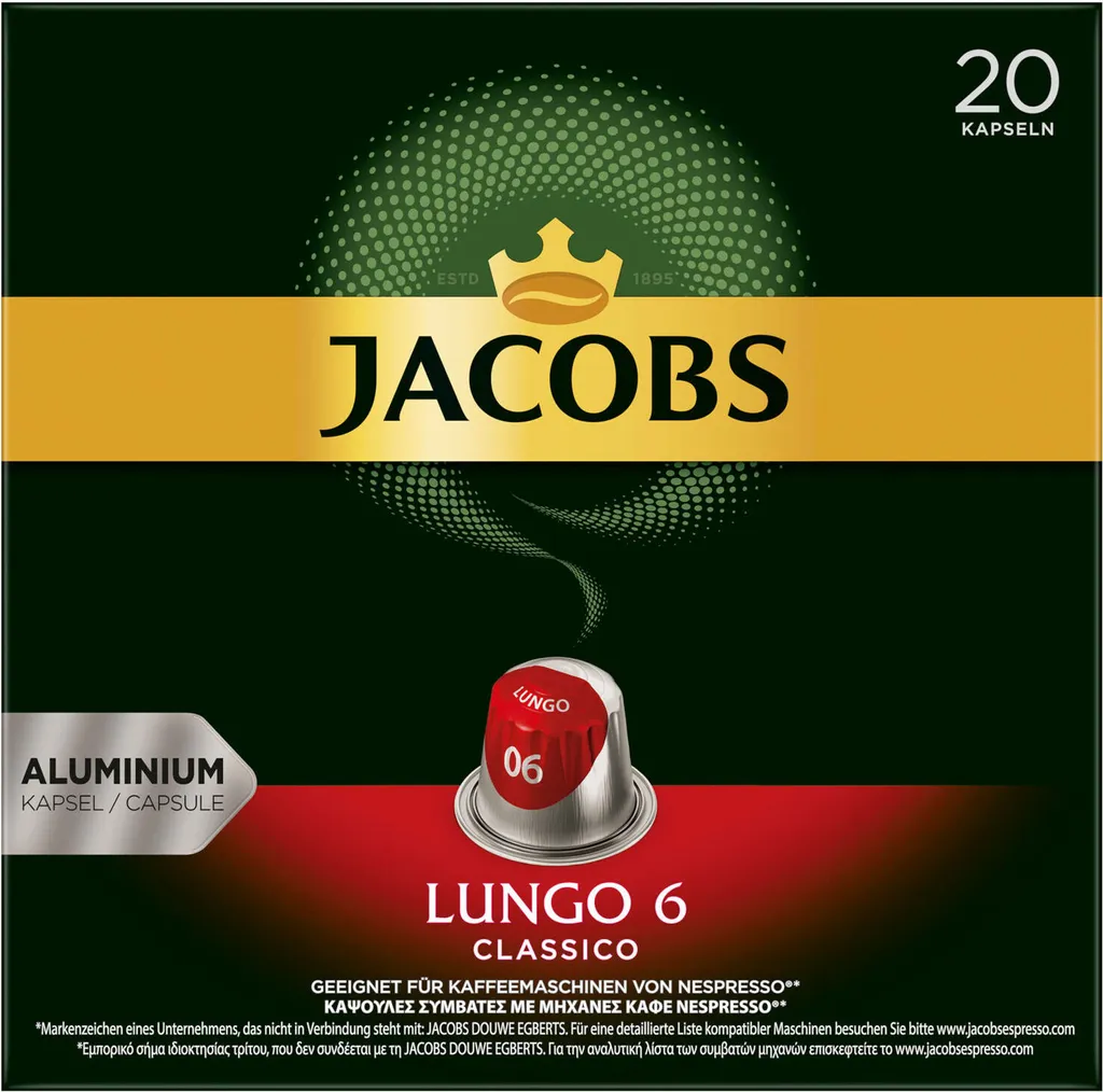 JACOBS Kapseln Nespresso®* Kompatibel Je 20 Kapseln Lungo 6 Classico + Decaffeinato 6 Lungo + Lungo 8 Intenso + Espresso 12 Ristretto - Insgesamt 160 Getränke – Bild 4
