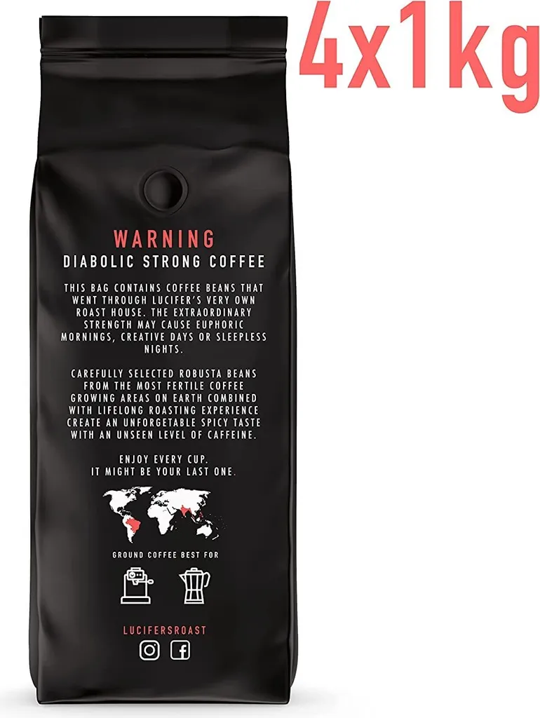 LUCIFER'S ROAST 4x1kg Espresso By KIQO Aus Italien - Starke Kaffeebohnen Für Kaffeevollautomaten Und Siebträger - Säurearm - 100% Robusta (ganze Bohnen, 4x1kg) – Bild 2