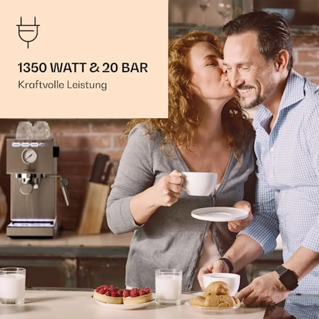 Klarstein Pausa Espressomaker, Siebträgermaschine Mit 1350 Watt, Espressomaschine 20 Bar Druck, Siebträger Kaffeemaschine Mit Wassertank: 1,4 Liter Edelstahl ,silber – Bild 2