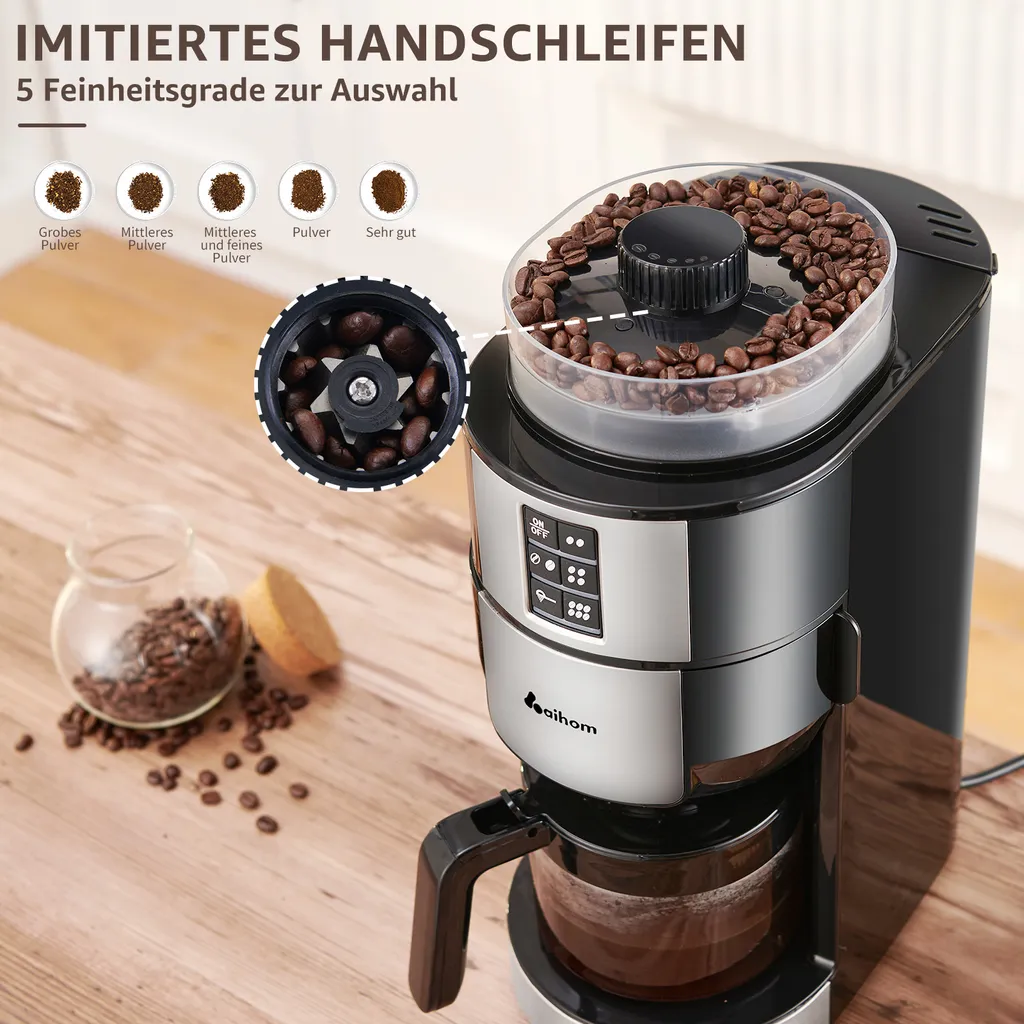 Kompakte Kaffeemaschinen Mit Mahlwerk Filterkaffeemaschine Kaffeemaschine Mit Mühle Für Bohnenkaffee Und Kaffeepulver 2/4/6 Tassen, Schwarz – Bild 4