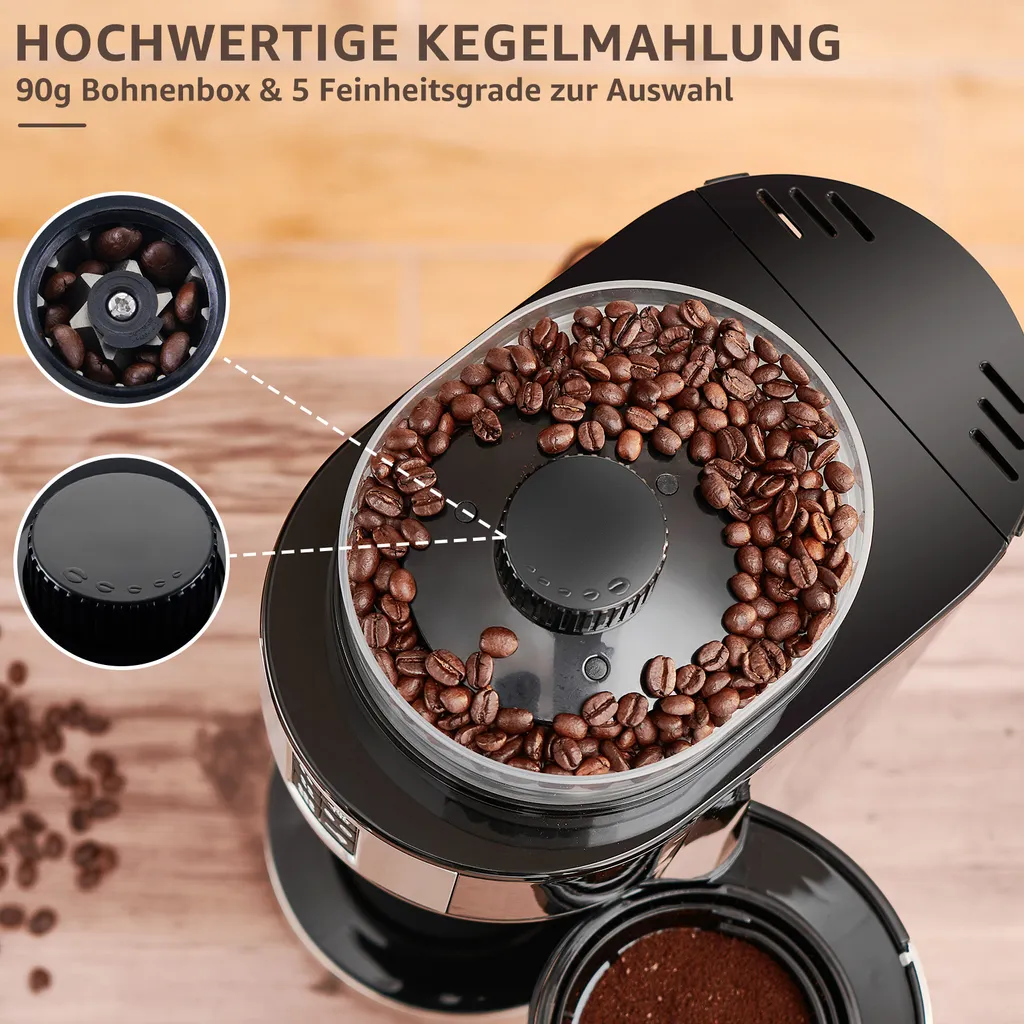 Kompakte Kaffeemaschinen Mit Mahlwerk Filterkaffeemaschine Kaffeemaschine Mit Mühle Für Bohnenkaffee Und Kaffeepulver 2/4/6 Tassen, Schwarz – Bild 3