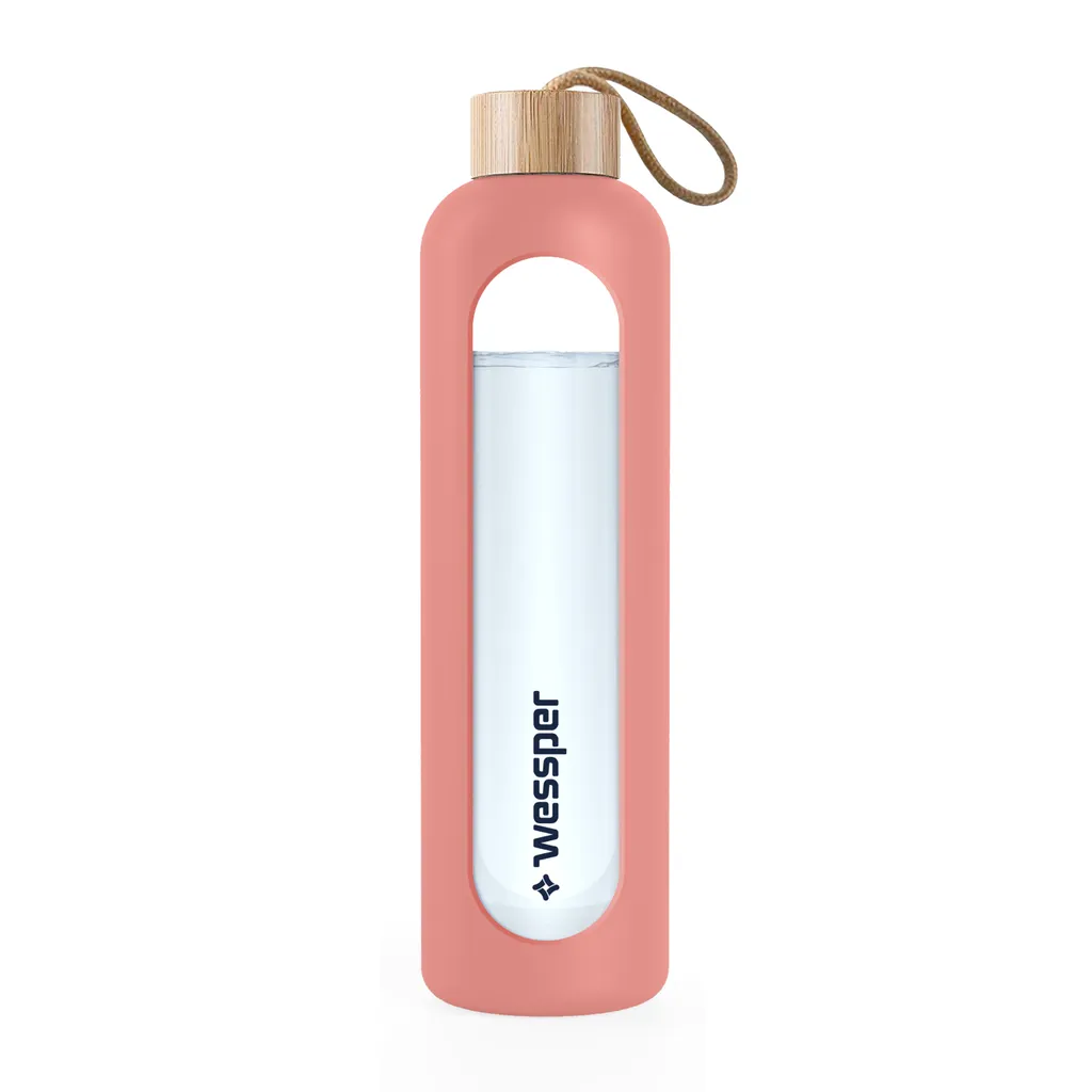 Wessper Trinkflasche Glas Mit Silikonhülle, Wasserflasche Mit Zeitmarkierungen, Transparente Wasserflasche Aus Borosilikat Glas, Berwachung Ihrer Täglichen Wasseraufnahme 1L Rosa – Bild 6