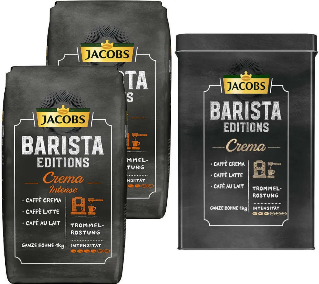 JACOBS Kaffeebohnen Barista Editions Crema Intense 2 X 1kg Ganze Bohnen + 1 Aluminiumdose Im Barista Design